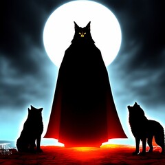 Wizard and wolf in the background of the full moon. Halloween illustration