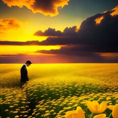 Sad Businessman standing in a field of yellow flowers and looking at sunset, illustration, painted