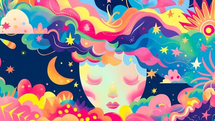 A woman closing her eyes on concepts for dreams and Mental Health in cute and colorful