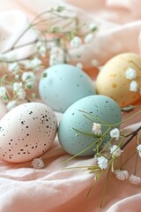 Poster and banner template with decorated eggs on a plain concrete background with a blooming spring twig. Festive egg hunt. Layout design for invitation, card, menu, flyer, banner, poster, voucher.