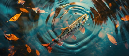 A trout fish gracefully swims in a pond with leaves floating around it, creating a serene and natural scene in the water.