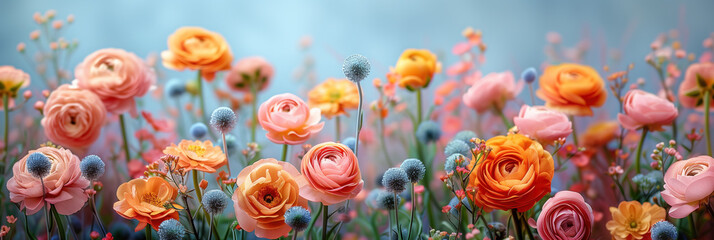 Banner with multi-colored flower buds on a blue background. Variegated spring flowers in full bloom. Bright ranunculus flowers. Buttercups. - obrazy, fototapety, plakaty