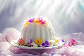 Easter Kulich Cake Adorned with Spring Flowers, Celebratory Dessert