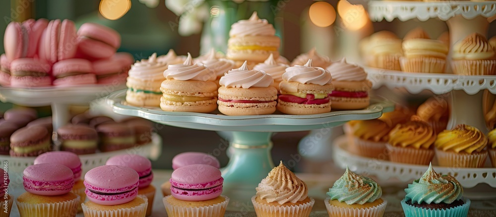 Poster a table is covered with a variety of colorful cupcakes and macaroons, creating an elegant display of