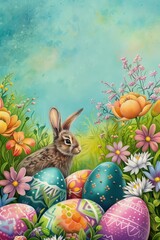 Easter poster and banner template with Easter eggs and bunny on a light blue background, flowers meadow. Selective focus. Layout design for invitation, card, menu, flyer, banner, poster, voucher.