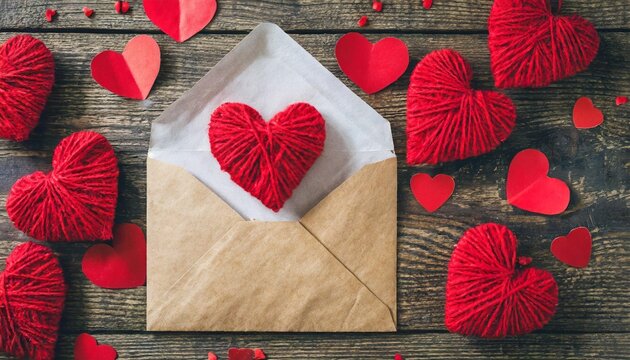 saint valentine day holiday background with envelope knitted and paper red hearts for love romantic message flat lay composition
