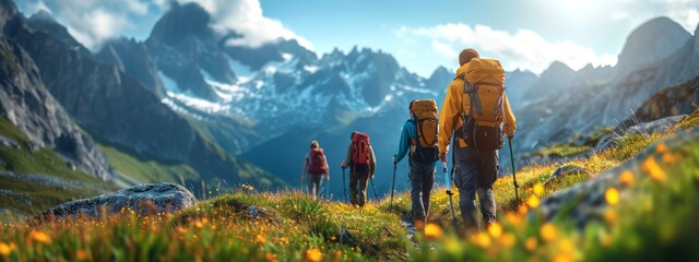 Mountain travel hike people adventure man summer journey tourism group sunset trekking. Hike travel woman mountain walk active backpack nature together sport young trail outdoor tourist hiker person - obrazy, fototapety, plakaty