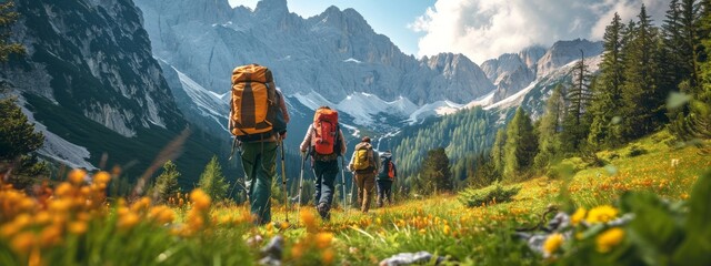 Mountain travel hike people adventure man summer journey tourism group sunset trekking. Hike travel woman mountain walk active backpack nature together sport young trail outdoor tourist hiker person