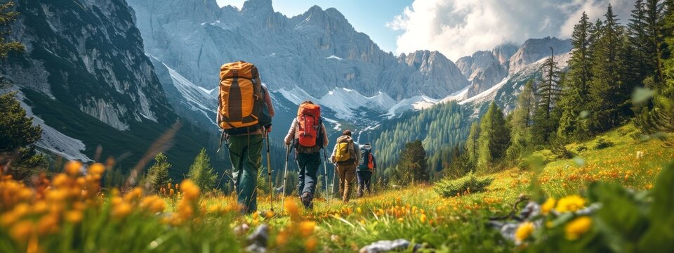 Mountain travel hike people adventure man summer journey tourism group sunset trekking. Hike travel woman mountain walk active backpack nature together sport young trail outdoor tourist hiker person