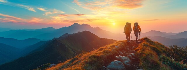 Mountain travel hike people adventure man summer journey tourism group sunset trekking. Hike travel woman mountain walk active backpack nature together sport young trail outdoor tourist hiker person - obrazy, fototapety, plakaty