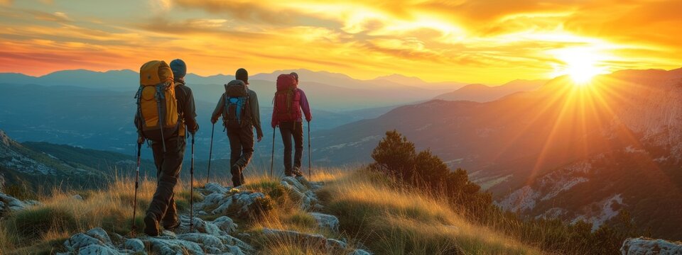 Mountain travel hike people adventure man summer journey tourism group sunset trekking. Hike travel woman mountain walk active backpack nature together sport young trail outdoor tourist hiker person