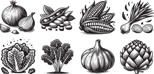 set of vegetables, onion, peas, corn, cabbage, artichoke - obrazy, fototapety, plakaty
