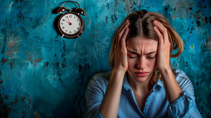 Worried woman with a looming deadline feels overwhelmed. Young professional facing time pressure...