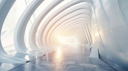 Sleek curvilinear corridor in a modern structure with a bright exit. lluminated walkway inside a contemporary architectural marvel. Sunlit tunnel with abstract geometric patterns in a modern building.