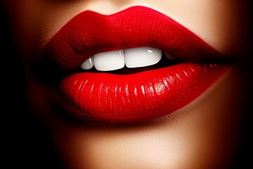 Glossy red lips in a sensual close-up shot. Radiant beauty of shiny red lips and a cheerful expression. Macro shot of fresh red lipstick application revealing a bright, happy smile.