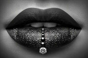 Opulent black lips adorned with jewels in high fashion. Black and white close-up of luxurious lips with sparkling jewelry piercing. Glossy monochrome lips adorned with diamond lip jewelry.