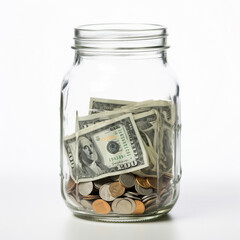  jar of money with currency of coins, dollars and cents isolated on a white background