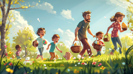 scene of parents and children hunting for Easter eggs in a park, with baskets in hand. - obrazy, fototapety, plakaty