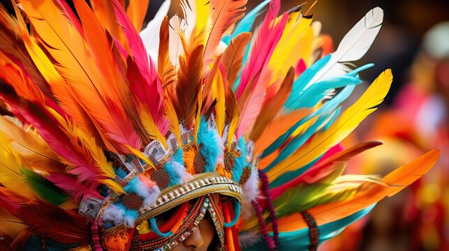 Colorful headdress of an indian Kaiapo tribe made of feathers of amazonian birds pictured during Belem+30 event in Belem. The Kayapo tribe lives alongside the Xingu River at southern Para State in the