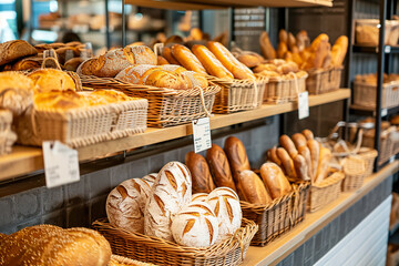 A wide shot of a bakery display case filled with fresh bread. The bread is arranged in baskets and on shelves - obrazy, fototapety, plakaty