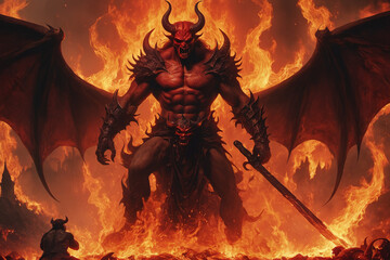 Raging devil in fire of hell - 743153897