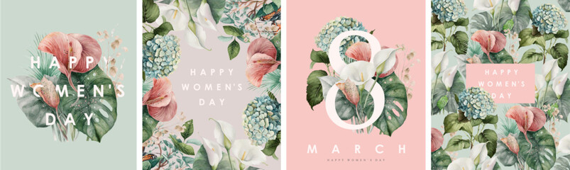 March 8. Women's Day. Vector illustration of flowers, number 8, plants, floral frame and pattern for greeting card, poster or background - 743154042