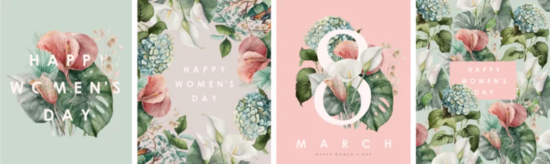 Fototapete March 8. Women's Day. Vector illustration of flowers, number 8, plants, floral frame and pattern for greeting card, poster or background © Ardea-studio