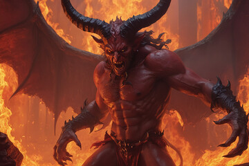 Raging devil in fire of hell - obrazy, fototapety, plakaty