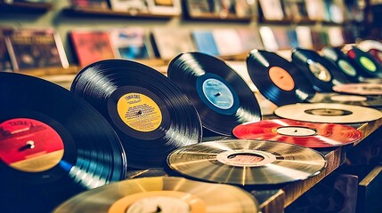 Vintage vinyl records on shelf in music shop. Retro style toned picture