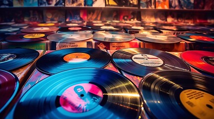 Vintage vinyl records on display at a flea market in Prague - obrazy, fototapety, plakaty