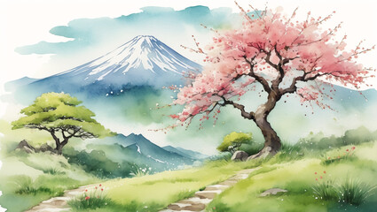 Fuji mountain with blooming cherry trees ins pring watercolor painted style - 743154674