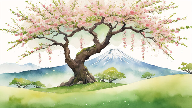 Fuji mountain with blooming cherry trees ins pring watercolor painted style