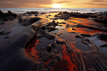 Fototapeta na wymiar Oil spill pollutes the ocean against sunset sky