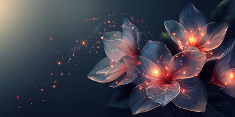 Abstract background of flowers with glowing lights on a light background,