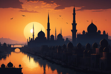 Silhouette of arabic city at sunset
