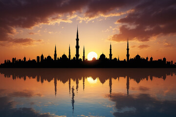 Fototapeta na wymiar Silhouette of arabic city at sunset