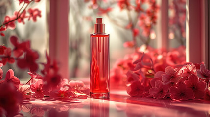 Perfume in a red bottle, against a background of beautiful red flowers