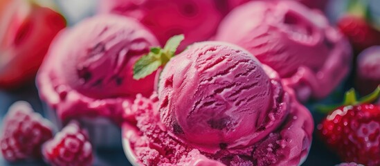 A close-up view of a bowl filled with creamy vanilla ice cream topped with succulent fresh strawberries. The contrast of the white ice cream against the vibrant red berries creates an appetizing and