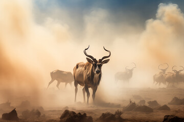 A herd of antelopes in the savanna of Africa. Rising temperatures impact on wildlife - obrazy, fototapety, plakaty