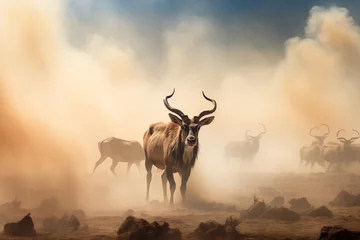 Tableaux ronds sur aluminium brossé Antilope A herd of antelopes in the savanna of Africa. Rising temperatures impact on wildlife