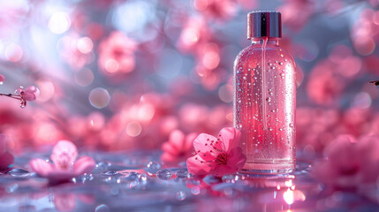 Pink perfume bottle with pink flowers on a blue background