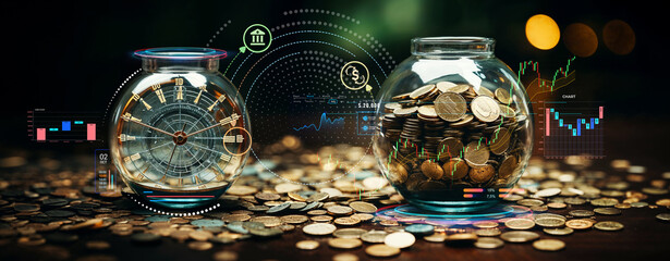the concept of wealth and money investment growth over time and long term pension fund management and financial business profit strategy, gold coins piggybank and clock banner