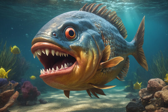 Fearful piranha with teeth and open mouth in water