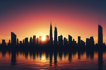 Fototapeta na wymiar Silhouette of modern city at sunset