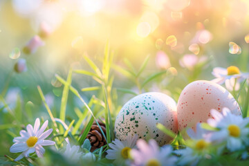 Easter eggs and spring flowers in the garden. Easter background.
 - obrazy, fototapety, plakaty