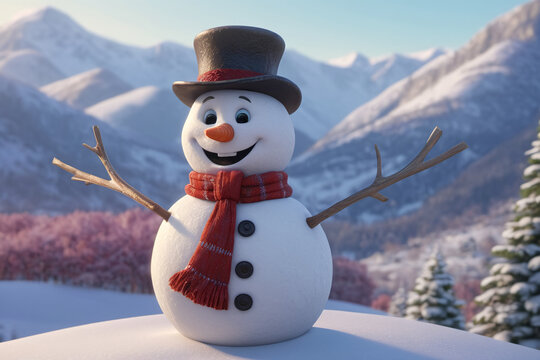 Funny cute snowman in mountain