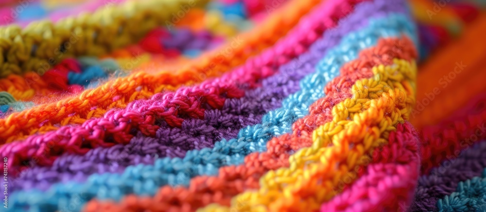 Aufkleber a close-up view of a colorful crocheted blanket, showcasing the intricate patterns and vibrant color