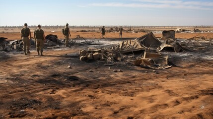 Israeli troops inspect the ravaged site of the weekend attack on the Supernova desert music Festival by Palestinian militants near Kibbutz Reim in the Negev desert in southern Israel.


 - obrazy, fototapety, plakaty
