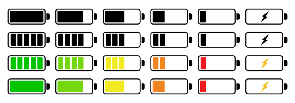 Battery icon set .Battery charging point. Charging indicators icon collection .Charge indicator.Vector