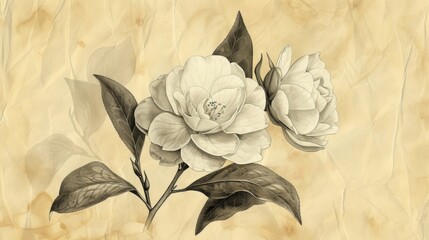Botanica-themed vintage drawing of white gardenias on a textured paper background.